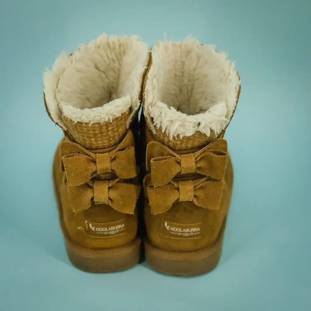 Ugg Koolaburra Size 3 Attie Brown Suede Bow Detail Pull On Sherpa Fleece Boots